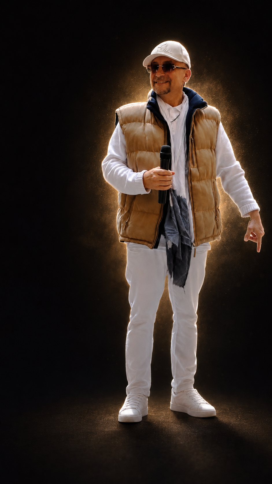 Anthony Lion vêtu de blanc, entouré d’une aura lumineuse